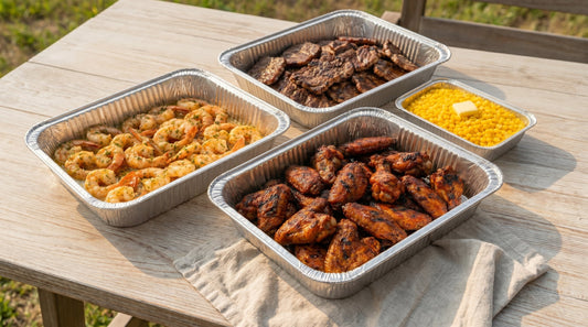  BBQ food package spread from The Smokehouse Collective — grilled chicken wings, beef karubi, prawns, and corn, Singapore