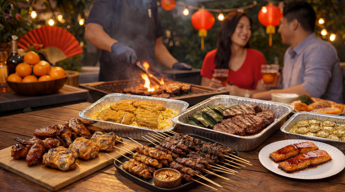 Chinese New Year BBQ catering spread featuring grilled meats, seafood, and festive sides in Singapore
