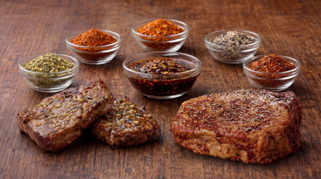 Marinated lamb chops and NZ ribeye steak beside six BBQ marinades on a wooden board — The Smokehouse Collective Singapore