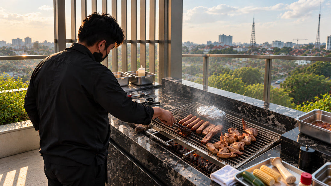 A BBQ chef grills sausages and marinated meat at an outdoor condominium barbecue station, with a city view in the background.