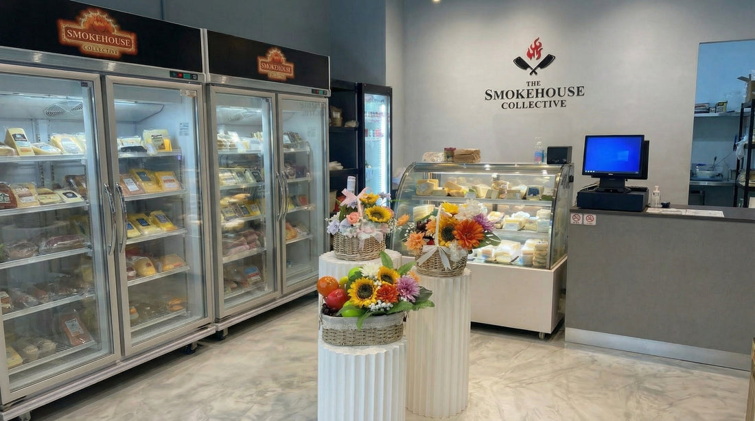 The Smokehouse Collective store interior at NEWest Singapore — refrigerated display fridges stocked with artisanal cheeses and BBQ meats, with a cheese counter and The Smokehouse Collective signage