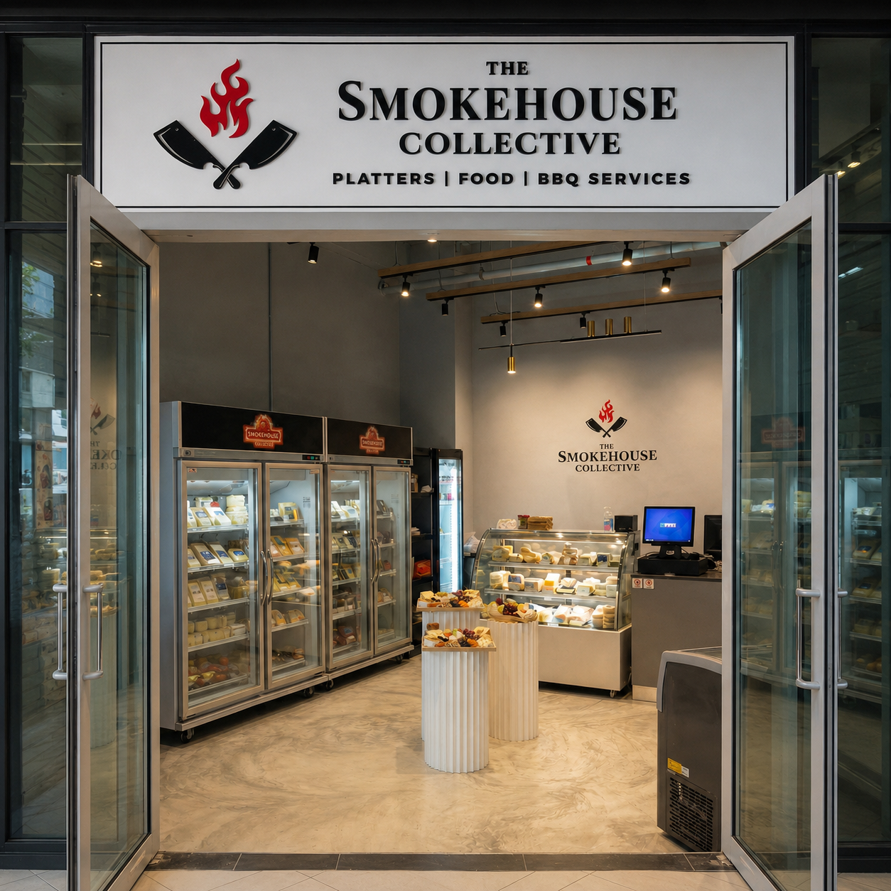 The Smokehouse Collective shop entrance with refrigerated cheese and platter displays at 1 West Coast Drive Singapore

