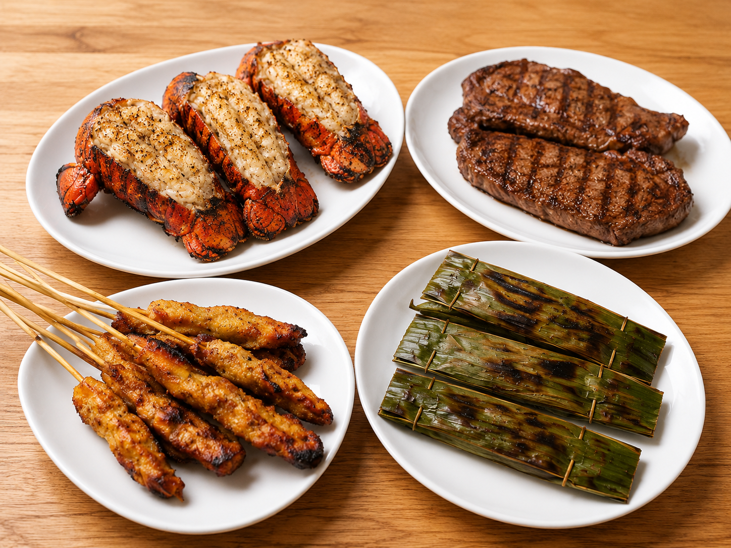 Grilled lobster tails, ribeye steak, chicken satay and banana leaf parcels served as BBQ add-on options — The Smokehouse Collective