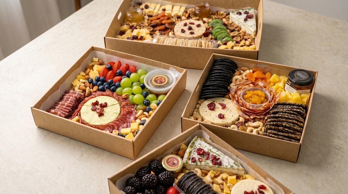Four sharing platter boxes in different sizes with cured meats, cheese, fruit and nuts — The Smokehouse Collective