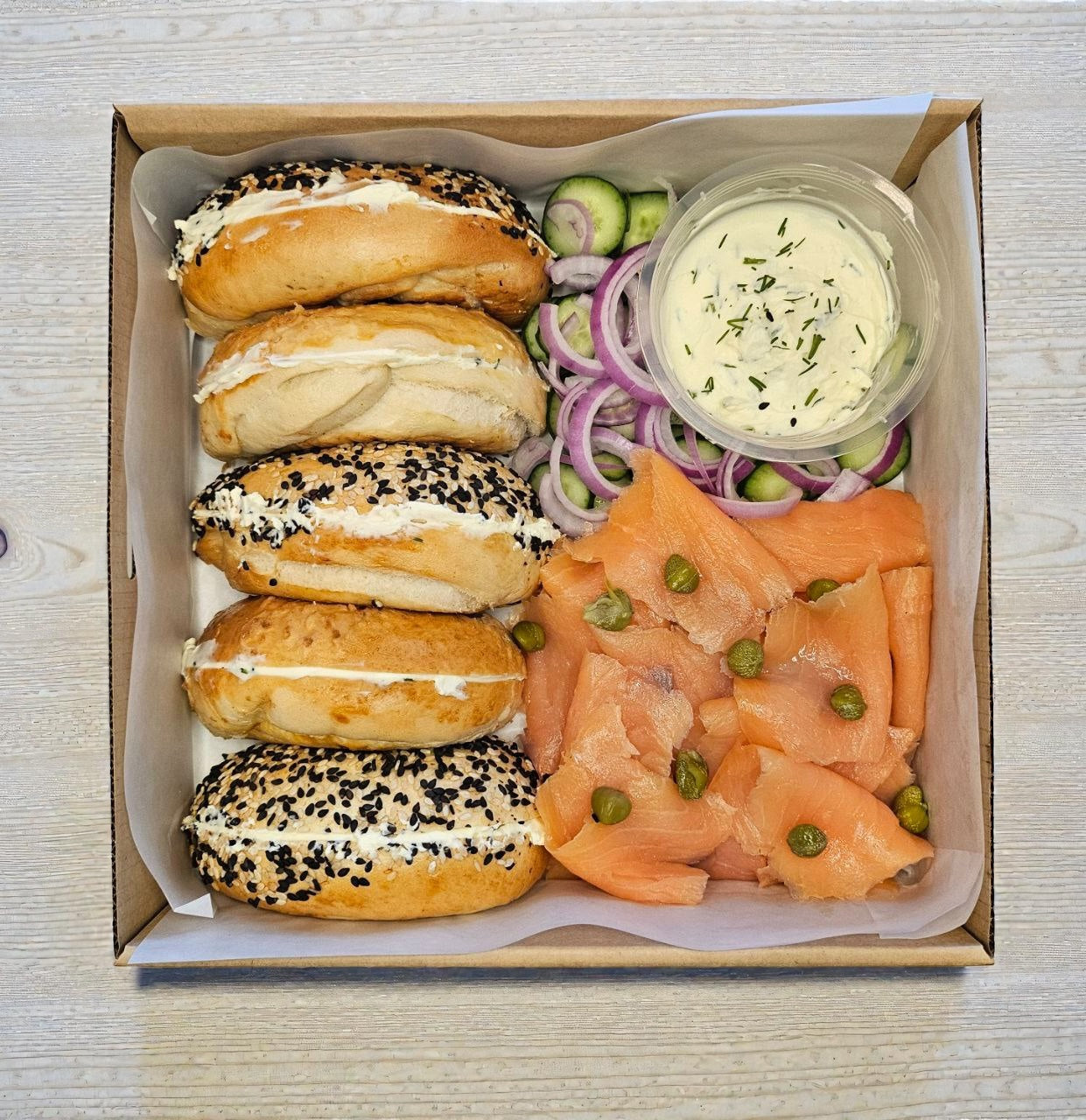 Scottish Smoked Salmon Bagel Box — sharing platter with cream cheese, capers and smoked salmon Singapore