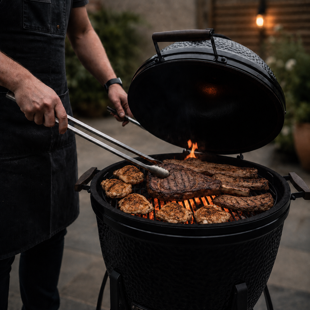 Chef opening a charcoal grill with chicken and steaks cooking over live fire — The Smokehouse Collective
