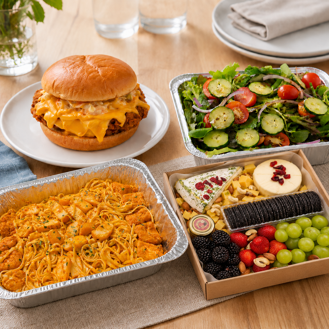  BBQ food spread with smashed chicken burger, pasta tray, garden salad and a sharing platter box — The Smokehouse Collective
