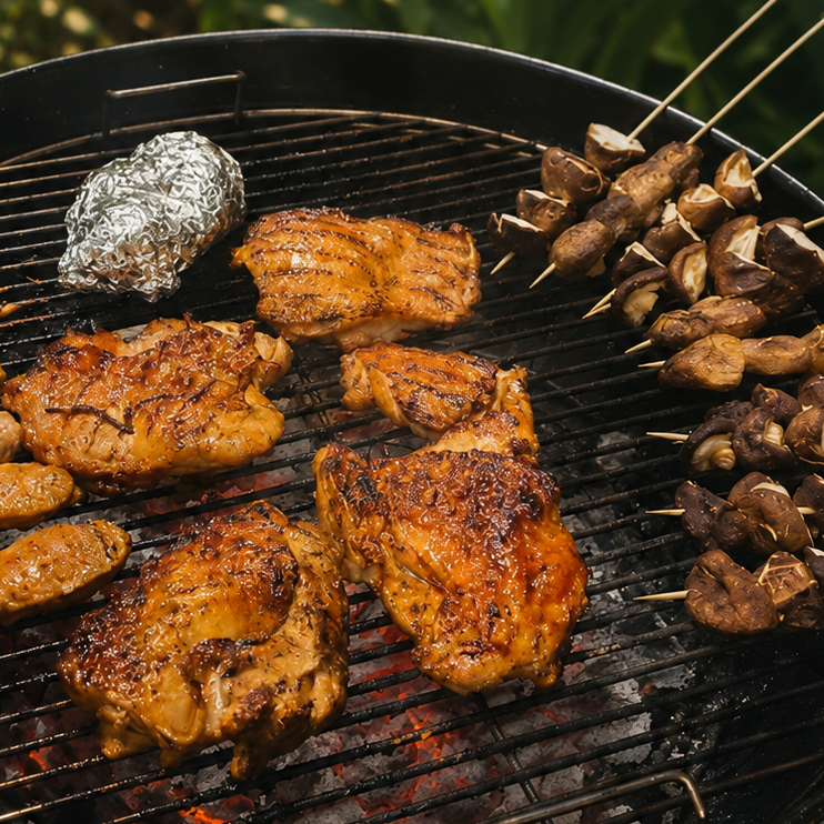 Marinated chicken thighs and mushroom skewers grilling over charcoal at an outdoor BBQ — The Smokehouse Collective
