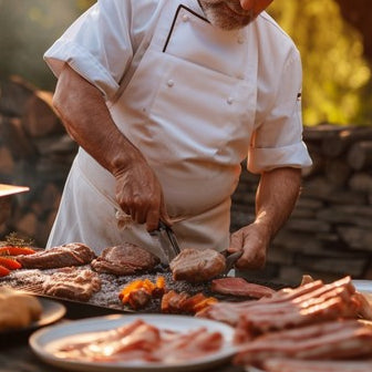 Chef carving grilled meats and sausages at an outdoor BBQ station
